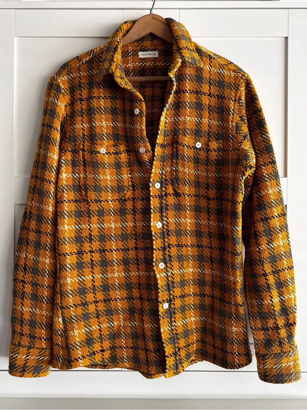 Gustin Monster Rope Shirt Mustard Yellow Plaid Cotton Button Down Size Medium